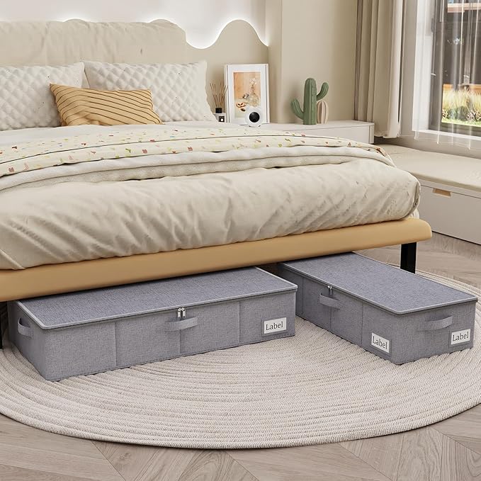Yawinhe Underbed Bags, Storage Containers Bags with Lid, Foldable Blanket Bins, with Sturdy Zipper und Label Holders, for Clothing, 23.6''Lx11.8''Wx6''H, 4 Pack, Grey