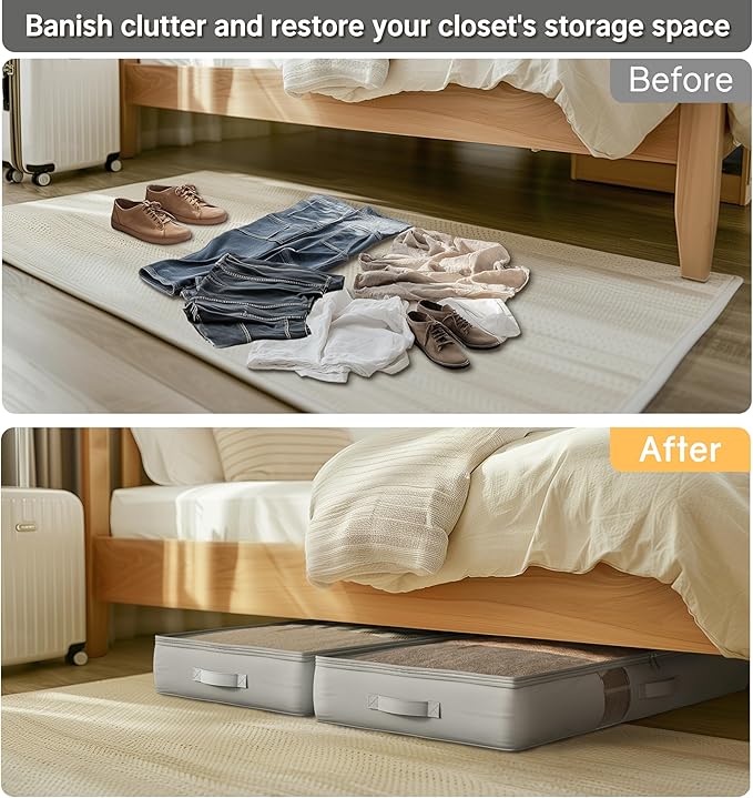 Under Bed Storage Containers with Window, Closet Organizers and Storage Bags, Foldable Underbed Storage Bags for Blankets, Clothing, Comforter, Linen Sheets, Wrapping Paper, 4 Pack, Grey