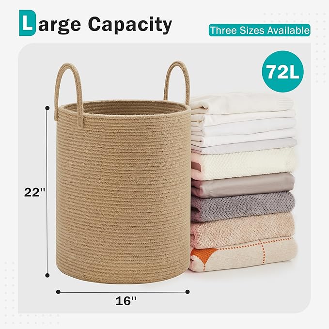 YOUDENOVA Cotton Laundry Hamper, 72L - Woven Collapsible Basket - Jute Brown