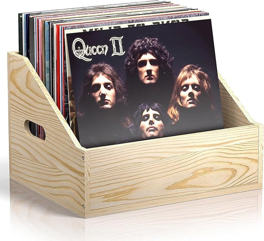 Wood Vinyl Record Storage, Retro & Durable Vinyl Crate and Record Holder, Album Storage Record Case Box for 60+ Records, Perfect Record Organizer for Home Decor and Collection Display(Wood Color）