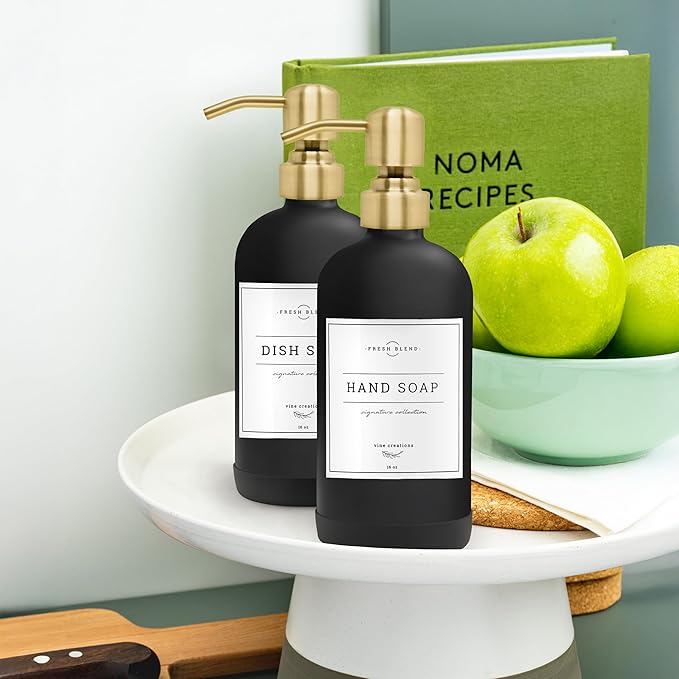 Vine Creations Black Glass Soap Dispenser, 2 Pack Kitchen Soap Dispenser Set with Stainless Steel Pump, 16 oz Dish Soap and Hand Soap Dispensers for Bathroom with Waterproof Labels