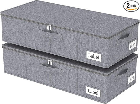 Yawinhe Underbed Bags, Storage Containers Bags with Lid, Foldable Blanket Bins, with Sturdy Zipper und Label Holders, for Clothing, 23.6''Lx11.8''Wx6''H, 2 Pack, Grey