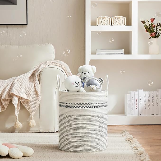 VIPOSCO Large Laundry Hamper, Tall Woven Rope Storage Basket for Blanket, Toys, Dirty Clothes in Living Room, Bathroom, Bedroom - 53L Stripe White