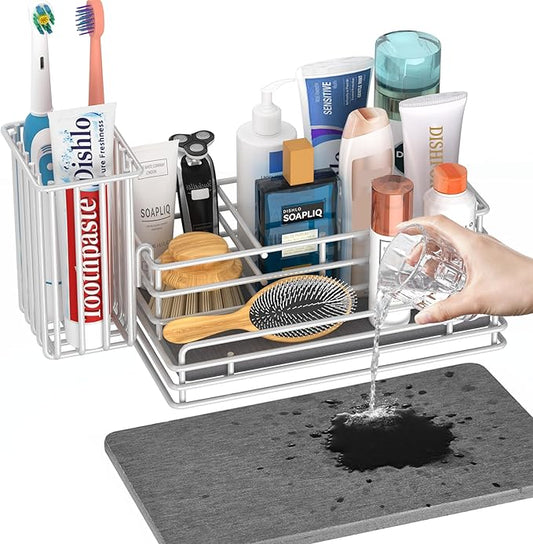 Yofidra Sponge Holder for Kitchen Sink Organizer Caddy: Sink Sponge with Instant Drying Stone, Metal Stainless Steel Basket Home Decor Storage and Organization Accessories 9.5" X 5.5" X 5.7" (White)