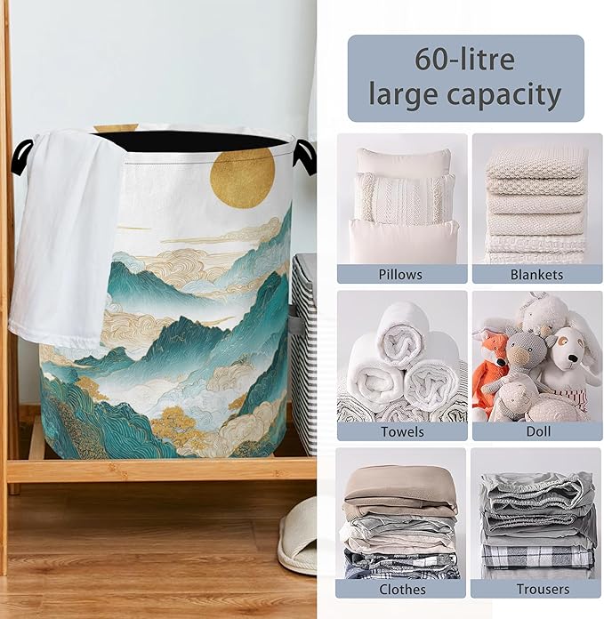 Abstract Mountains Laundry Basket,Golden Sun Foldable with Handles Tote Bag Oxford Cloth for Bathroom Bedroom Dirty Clothes Storage Bucket 16" x 20.8"