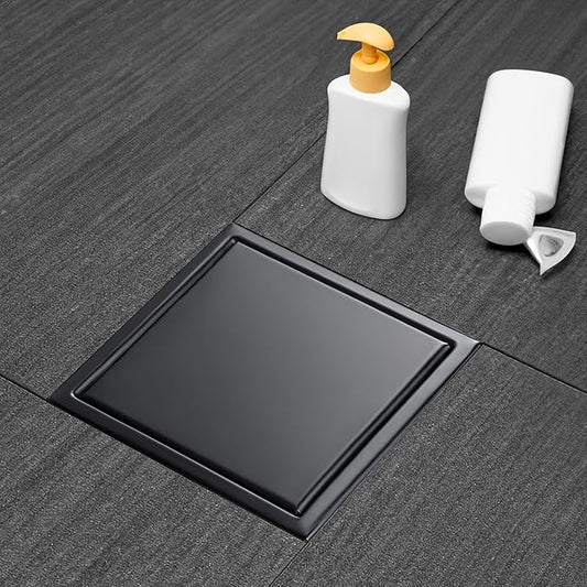 Square Shower Drain, Black Shower Drain 6 inch with Flange and 2 in 1 Tile-Insert Cover, AISI 304 Stainless Steel Matte Black Shower Floor Drain with Hair Catcher and Flange