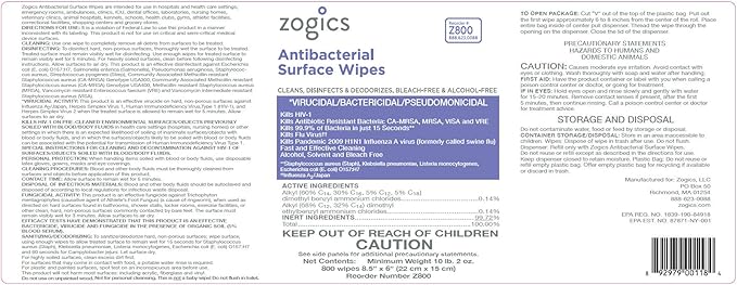 Zogics Antibacterial Disinfecting Wipes – For Sanitizing and Cleaning Surfaces and Equipment, EPA Registered Antibacterial Cleaning Wipes (1 Roll of 800)