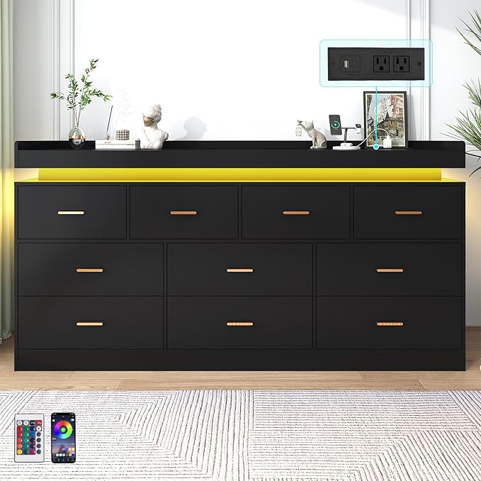 10 Drawer Dresser with Charging Station and LED Lights, Modern Chest of Drawers with Power Outlet, Organizer Cabinet for, Living Room, Entryway, Black