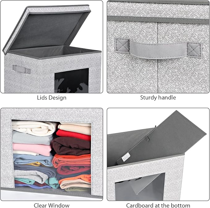 Univivi Foldable Fabric Storage Boxes Large Storage Bins with Lids [4-Pack] Collapsible Storage Cube Organizer, Closet & Bedroom Organization Containers, Home Storage Cube Box (Gray, 17“ x 12” x 12")