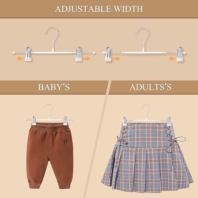 Pants Hangers with Clips 20 Pack Adjustable Skirt Hangers for Women Non-Slip Trousers Hanger for Jeans Clothes Hangers for Pants Heavy Duty Space Saving Shorts Hangers,White,14Inch