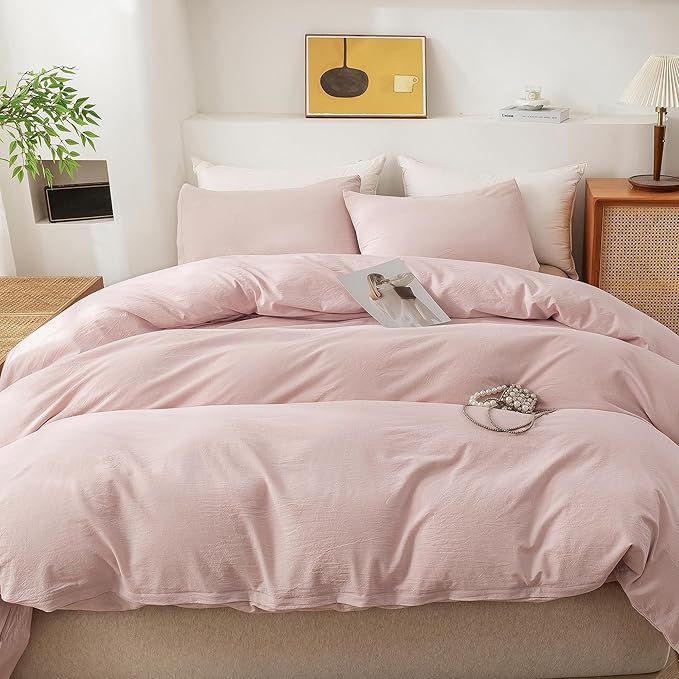ECOCOTT Duvet Cover Set, 100% Washed Cotton Linen-Like Soft & Breathable, Durable Comfy Bedding Set for All Seasons Full Size (Greyish Pink)