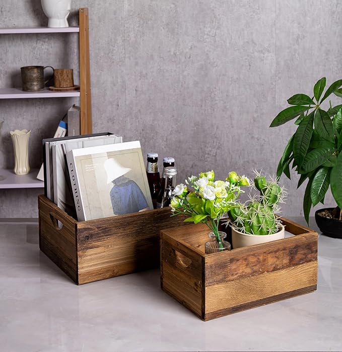 TIMRIS Set of 3 Rustic Distressed Wood Nesting Crates, Farmhouse Decorative Wooden Storage Boxes, Vintage Reclaimed Wood Baskets for Display (Natural)