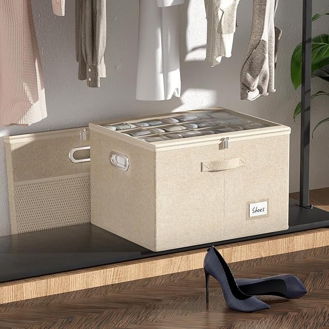 FHSQX Shoe Organizer for Closet,Fits 12 Pair,Shoe Storage Bins with Clear Cover & Adjustable Dividers for Shoes,Shoe Box Storage for Handbags,Blankets,Linen,Clothing (Beige, (19.7 * 15.7 * 13) x1)