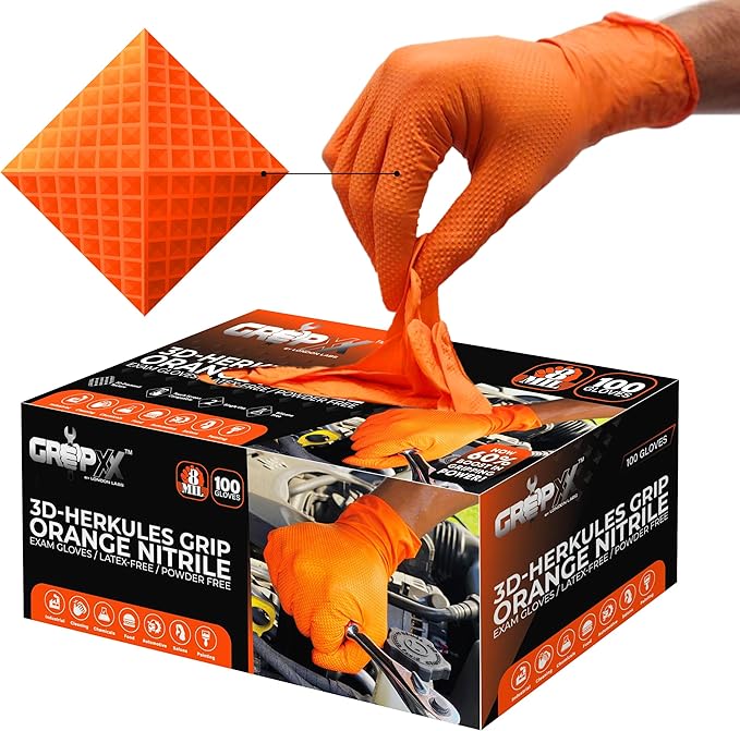 Herkules Grip Heavy Duty 8Mil Orange Nitrile Gloves,3D Raised Diamond Texture-Latex & Powder Free-Industrial, Mechanic