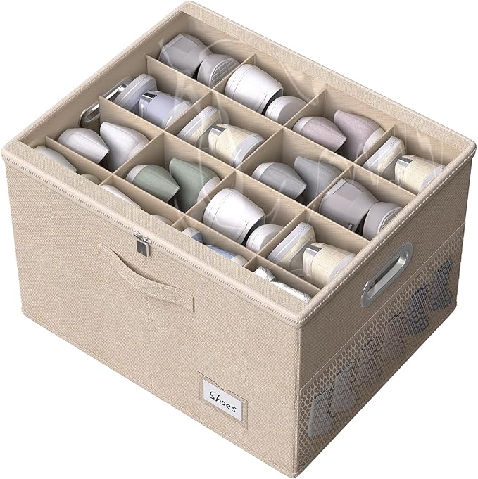 FHSQX Shoe Organizer for Closet,Fits 12 Pair,Shoe Storage Bins with Clear Cover & Adjustable Dividers for Shoes,Shoe Box Storage for Handbags,Blankets,Linen,Clothing (Beige, (19.7 * 15.7 * 13) x1)