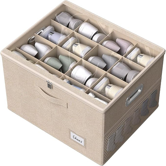 FHSQX Shoe Organizer for Closet,Fits 12 Pair,Shoe Storage Bins with Clear Cover & Adjustable Dividers for Shoes,Shoe Box Storage for Handbags,Blankets,Linen,Clothing (Beige, (19.7 * 15.7 * 13) x1)