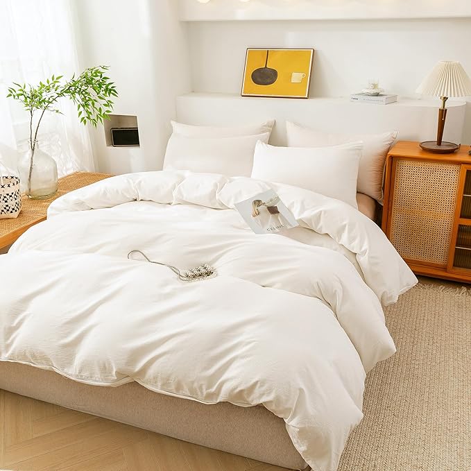 ECOCOTT 100% Washed Cotton Duvet Cover Twin Size – Soft & Breathable Linen Feel Bedding Set, 3 Pieces White Comforter Cover with Zipper Closure for All Seasons