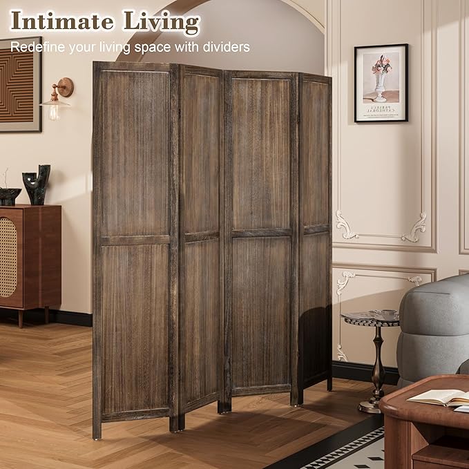 WelFurGeer 4 Panel Room Divider Screen - 360° Adjustable Folding Panels for Privacy, Bedroom, Living Room & Patio, Handcrafted Decorative Room Divider, Freestanding Divider for Room Separation (Brown)