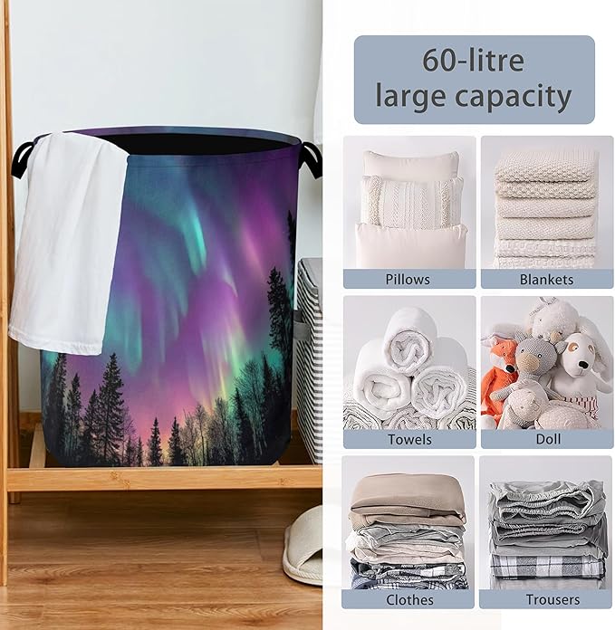 Aurora Forest Laundry Basket,Foldable with Handles Tote Bag Oxford Cloth for Bathroom Bedroom Dirty Clothes Storage Bucket 16" x 20.8"