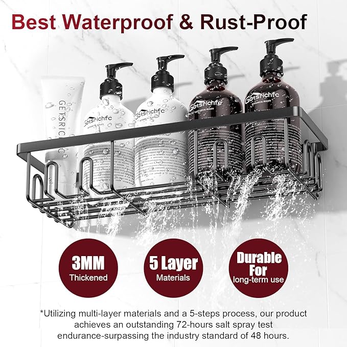 Adhesive Shower Caddy, Shower Shelves with 16 Hooks, Rustproof Shelf Wall Corner Racks for Inside Bath, No Drilling & Sleek Bathroom Organizers and Storage Caddies Soap Holder, 2 Pack