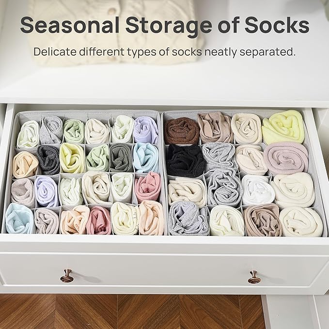 Vtopmart 3 Pack 24+24+16 Cells Socks Drawer Organizers Set, 64 Cells Clothes Drawer Dividers Dresser Organizers Bins, Scarves, Ties, Non-Woven Fabric Storage Boxes for Closet, Nursery