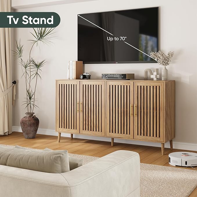 63" Long Sideboard Buffet with 4 Slatted Doors, Farmhouse Buffet Storage Cabinet with Adjustable Shelves, Coffee Bar Cabinet for Entryway, Kitchen, Dining Room, Living Room, Natural Oak