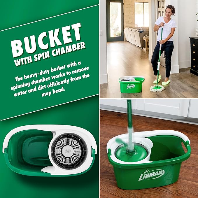 Libman Tornado Spin Mop System with Refill Heads, Microfiber Spinning Mop and Bucket with Wringer Set for Home, Floor Cleaning of Hard-Wood, Laminate, Tile, All Surface Cleaner