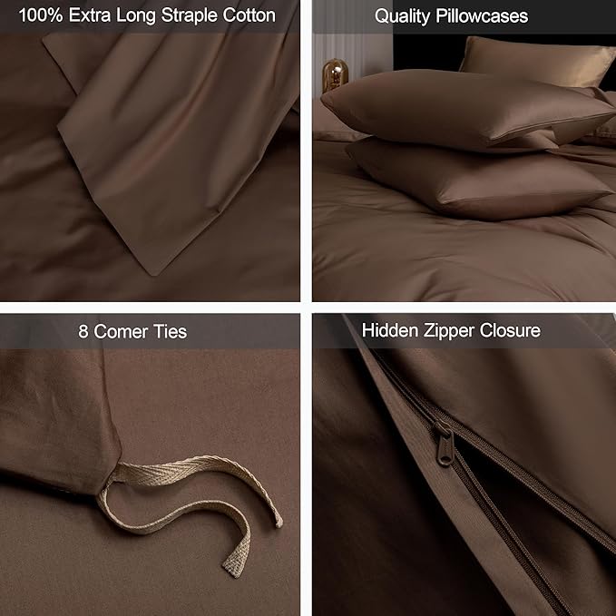 MooMee Duvet Cover Set 100% Extra Long Staple Cotton 600 Thread Count Silky Sateen Smooth Luxury Soft Breathable Durable Hotel Quality Bedding, 3 Piecess (Chocolate Brown, Oversized King 120"x98")
