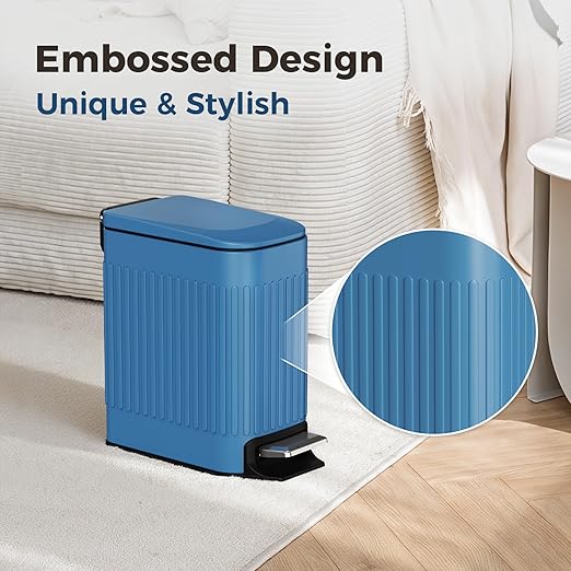 TrashAid Slim Bathroom Trash Can with Lid Soft Close, 6 Liter/1.6 Gallon Stainless Steel Small Garbage Can with Removable Inner Bucket, Step Pedal, Slim Wastebasket for Toilet, Office, Bedroom, Blue