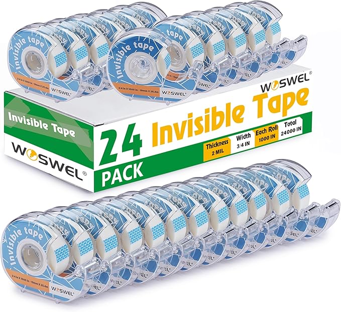 Tape Refills with Dispenser, 24 Roll Invisible Tapes, 3/4 Inch X 1000 in, Gift Wrapping Tapes Supplier for Christmas Home School Office Use