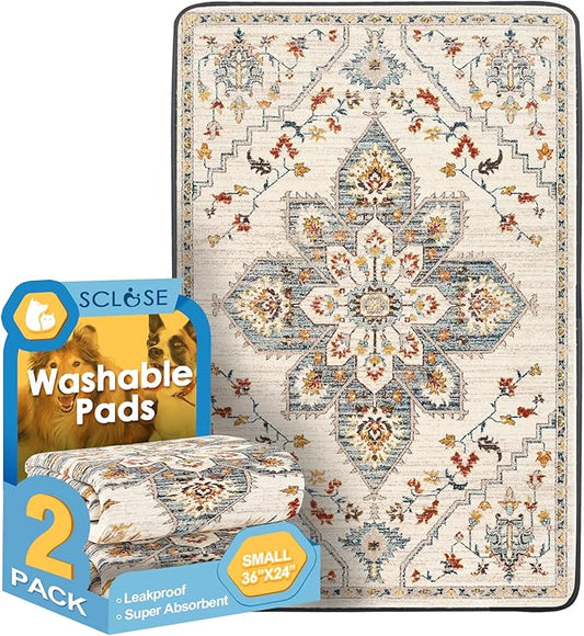 Washable Pee Pads for Dogs 2 Pack, 36" x 24" Reusable Puppy Pads Waterproof, Super Absorbent Dog Rugs, Leakproof, Dog Crate Pad, Playpen Mat, Whelping Pads, White Medallion