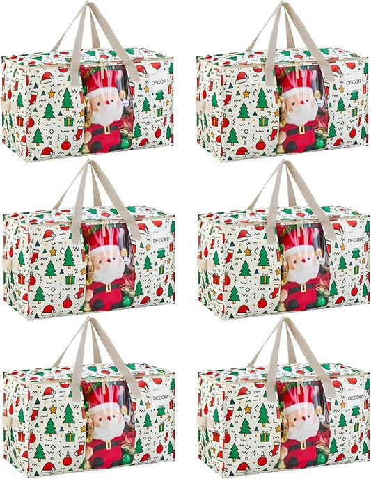 VENO 6 Pack Moving Bags, Large Christmas Storage Bins with lids, Packing Supplies for College, Alternative to Moving Boxes, Foldable, Heavy-Duty Tote, Christmas Pattern (Jingle Mix, 6 Pack)