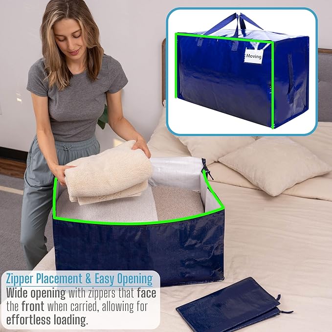 VENO 8 Pack Moving and Storage Bags, Heavy Duty, Alternative to Moving Boxes, Large Packing Totes Supplies for College Dorm Room with Zipper for Clothes, Wide Open Design (Blue, 8 Pack)
