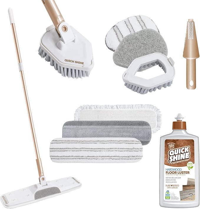 Quick Shine Ultimate Gold Clean + Polish Mop Kit | All-in-One 10 Pc Kit w/Interchangeable Attachments | Floor Polish Included | No Batteries Needed | Pro Cleaning for Hardwood Floors | 2-in-1 Mop