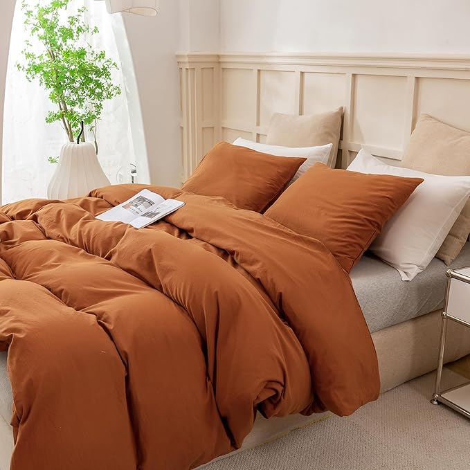 ECOCOTT Brown Duvet Cover Queen Size, 3 Piece 100% Washed Cotton 1 Duvet Cover with Zipper and 2 Pillowcases, Ultra Soft and Easy Care Breathable Cozy Bedding Set(Brown,Queen)