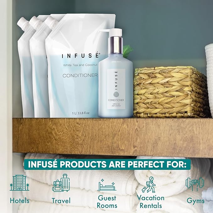 1 Liter Conditioner Refill Bag For Soap Dispensers | Bulk Toiletries for Vacation Rentals, and Home Bathroom Showers | White Tea and Coconut | Set of 12