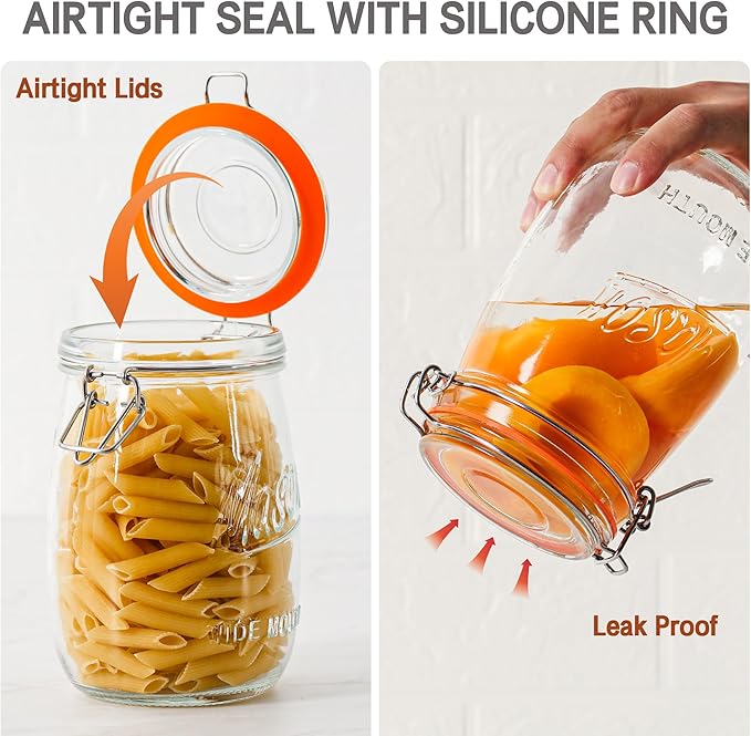 Wide Mouth Mason Jars with Airtight Lid 32 oz 4 Pack - Large Mason Jars For Flour and Sugar With Scale Mark Food Storage Canning Jars for Pickling Flour Sugar Pasta Oats Cereal