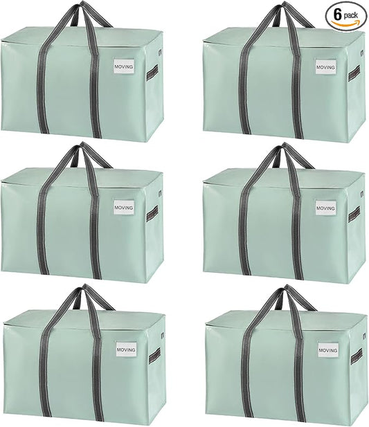 VENO 6 Pack Moving Bags, Heavy Duty, Moving Boxes Alternative, Packing Storage Supplies for Dorm Room Essentials with Zipper for Clothes, Extra Large Totes for Packaging (Shiny Light Green, 6 Pack)