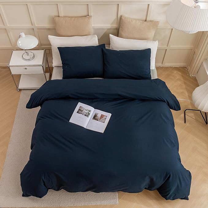 ECOCOTT Navy Blue Duvet Cover Oversized Queen Size, 100% Washed Cotton 3-Piece Bedding Set - Ultra Soft, Breathable & Easy Care with Zipper Closure and 2 Pillowcases, Luxury Hotel Quality
