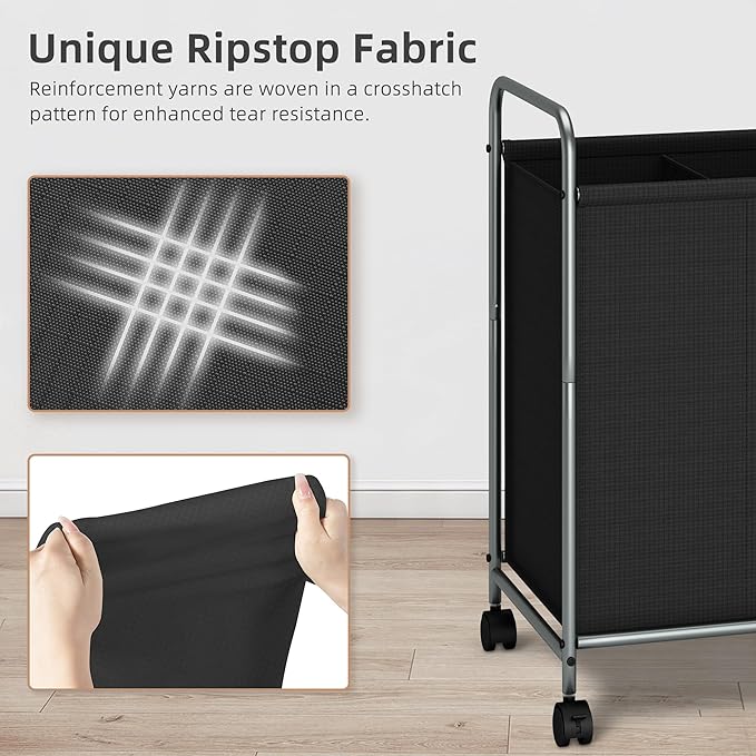 STORAGE MANIAC Rolling Laundry Hamper, 100L Laundry Basket with Lockable Wheels, Double Clothes Sorter Cart, 2 Bag Clothes Separator Hamper for Closet, Bathroom, Laundrys Room, 2 Section Black