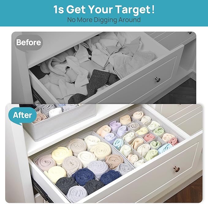 Vtopmart 3 Pack 24+24+16 Cells Socks Drawer Organizers Set, 64 Cells Clothes Drawer Dividers Dresser Organizers Bins, Scarves, Ties, Non-Woven Fabric Storage Boxes for Closet, Nursery