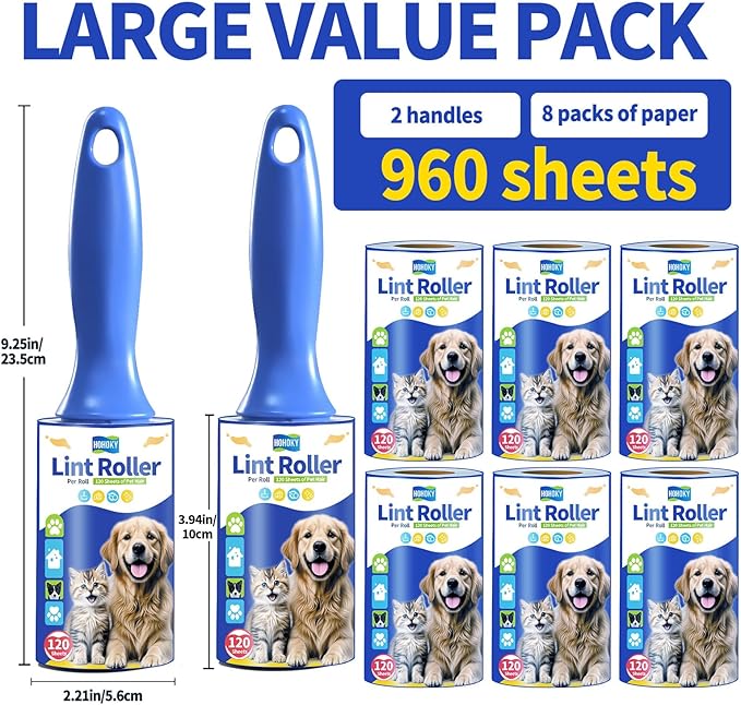 lint Rollers for pet Hair Extra Sticky Heavy Duty Lent Roller for Dog and Cat Remover for Couch Clothes Furniture Furniture Carpet Animal Fur Fuzz Mega Value Set Refills 960Sheets 8Pack