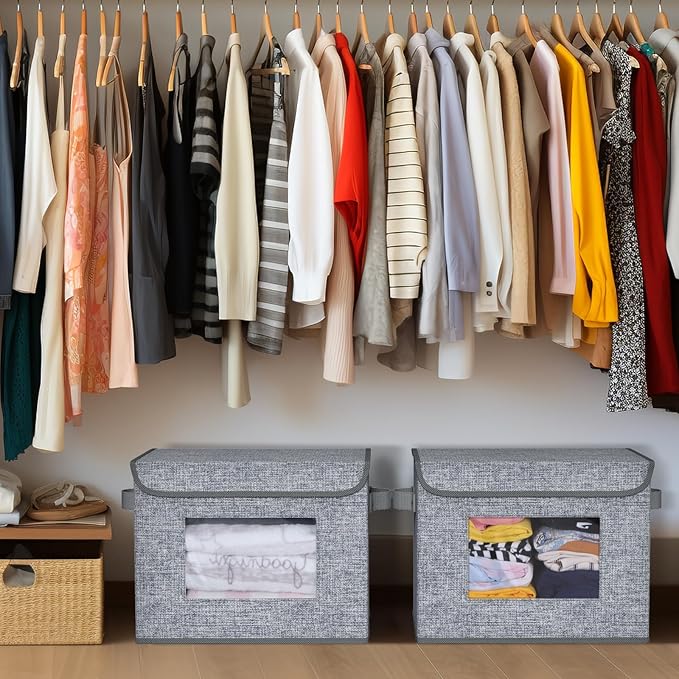 Univivi Fabric Foldable Storage Boxes [4-Pack] Large Collapsible Stackable Storage Bins with Lids, Closet Organizers and Storage Cube Basket for Home, Office, Bedroom (Grey, 17'' x 12'' x 12")