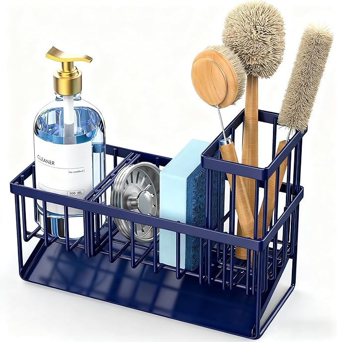 Cisily Navy Blue Sink Caddy Organzier with High Brush Holder, Sponge Holder for Sink, 304 Rustproof Stainless, Kitchen Countertop Soap Dispenser Organizer, Gray Blue Kitchen Decor and Accessories