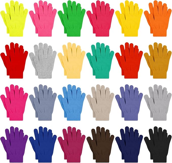 Cooraby 24 Pairs Kids Gloves Winter Magic Gloves Warm Knitted Stretchy Full Fingers Glove for 6-11 Years