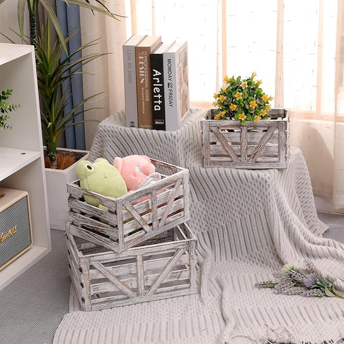 Storage Crate Nesting Wooden Crates with Handles,Set of 3 Rustic Farmhouse Decorative Wood Baskets for Storage,Display,Decor Boxes,(Large,Medium,Small)