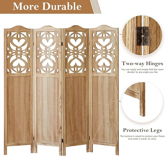 Wood Room Divider 4 Panel 5.6Ft Carved Room Divider and Folding Privacy Screen, Minimalism Portable Partition Screen Divider for Room Separation, Room Decoration for Home Office - Natural