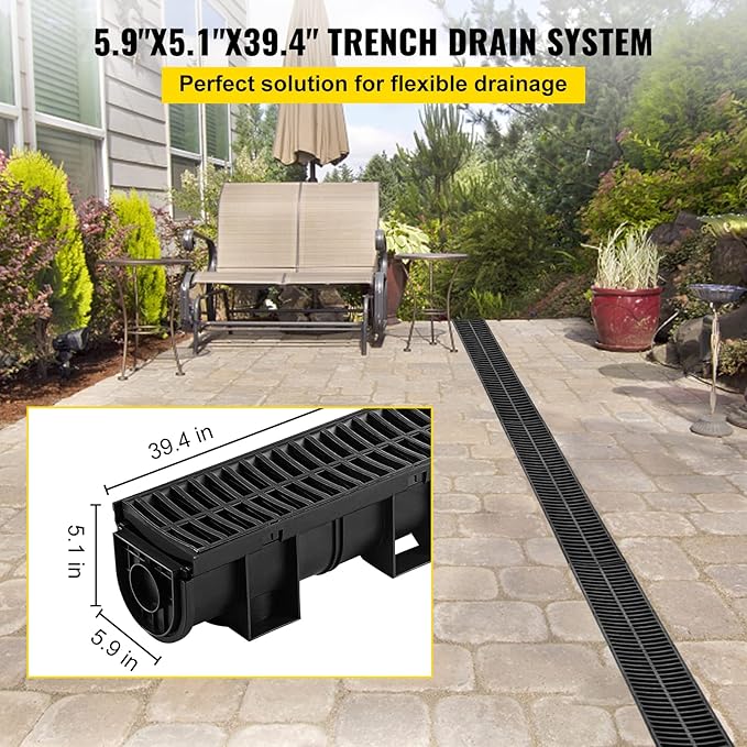 VEVOR Trench Drain System with Plastic Grate, 5.9x5.1-Inch HDPE Channel Drainage for Garden, Driveway - 6 Pack