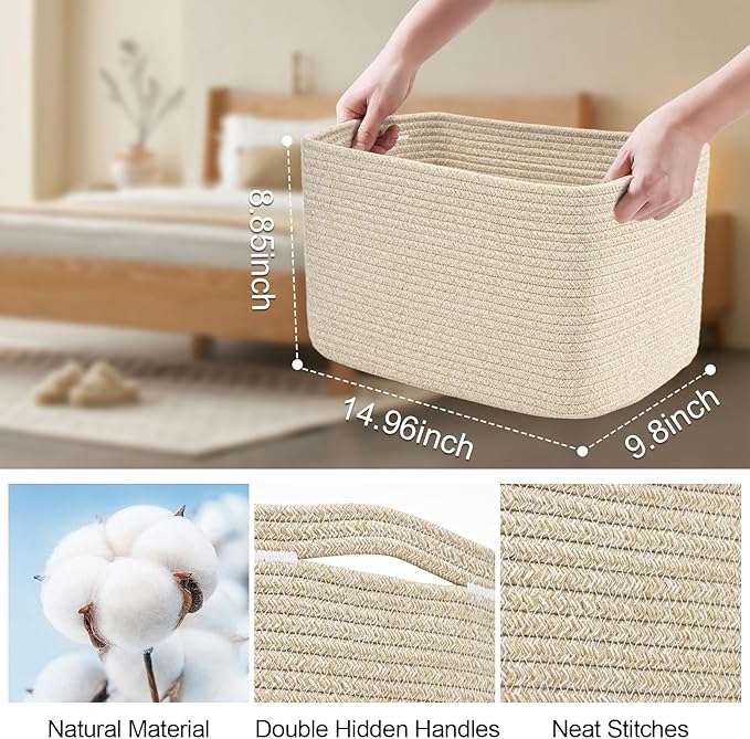 Woven Storage Baskets, Brown Baskets for Organizing, 3 Pack Woven Basket for Storage, Decorative Storage Bins Baskets for Shelves, Towel, Toy, Book, Closet, Baby 14.96"×9.8"×8.85"