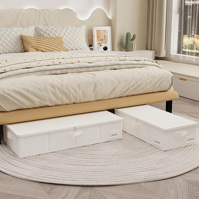 Yawinhe Underbed Bags, Storage Containers Bags with Lid, Foldable Blanket Bins, with Sturdy Zipper und Label Holders, for Clothing, 23.6''Lx11.8''Wx6''H, 1Pack,Beige，SNH002BES-1